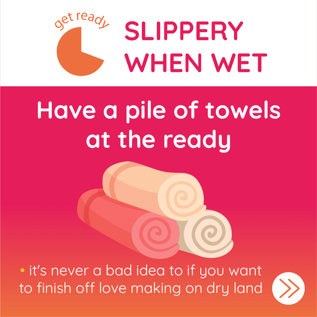 slippery when wet, recommendation for having pile of towels ready for shower sex, you can read the full article by clicking the link http://www.erosscia.com/how-to-have-shower-sex/