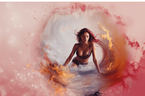 Die entzündende Intimität einer Frau, umgeben von Flammen der Begierde, Erosscia ist Vergnügen neu gedacht